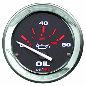 GAUGE Oil Pressure, Black Face, Red Graduation, Chrome Bezel