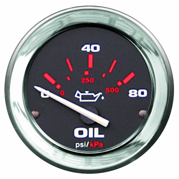 GAUGE Oil Pressure, Black Face, Red Graduation, Chrome Bezel