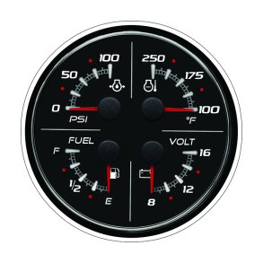4 IN 1 GAUGE Temp, Pressure, Volt 12V, Fuel, Black (110 mm)